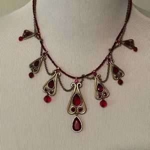 Carolina Herrara Signed CH Necklace Red and Gold Tone Double Strand Beaded